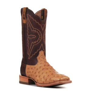 Ariat Men's Broncy Antique Saddle Tan Full Quill Ostrich and Dark Red Wide Square Toe Exotic Cowboy Boots