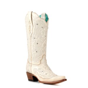 Corral Women's Bone with Embroidery and Crystals Snip Toe Cowboy Boots